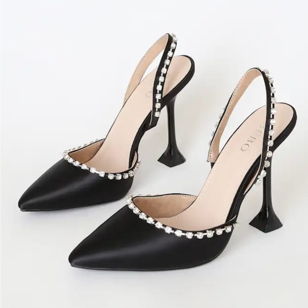Elegant Black Slingback Heels with Rhinestone Detailing